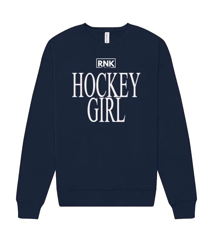 Unisex fleece crewneck sweatshirt with hockey girl graphic by RNK Apparel Co., featuring a cozy fleece fabric and sporty design.