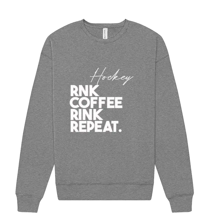 Unisex RNK Apparel Co. fleece crewneck sweatshirt with coffee Rink Repeat graphic in brown, casual and comfortable fit.