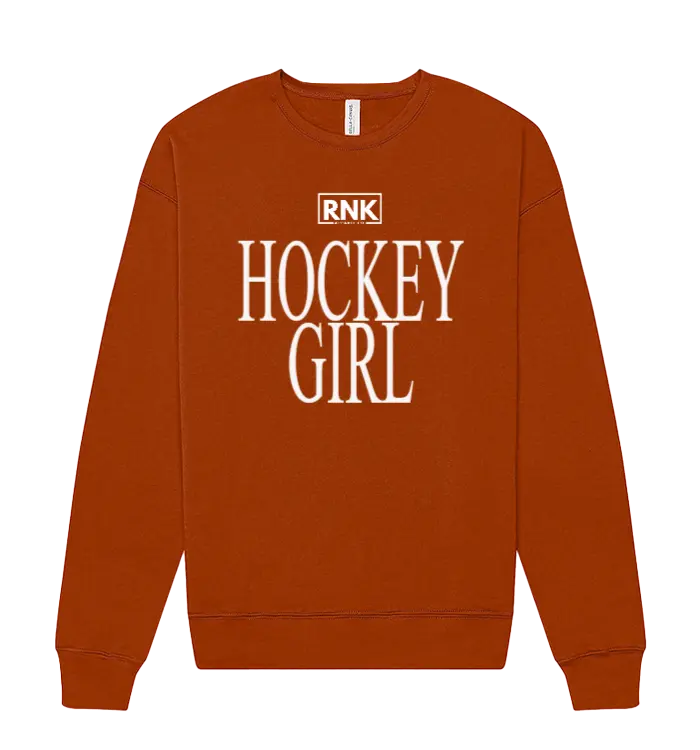 RNK Unisex fleece crewneck sweatshirt with hockey girl graphic, soft fabric, and comfortable fit, ideal for casual wear.
