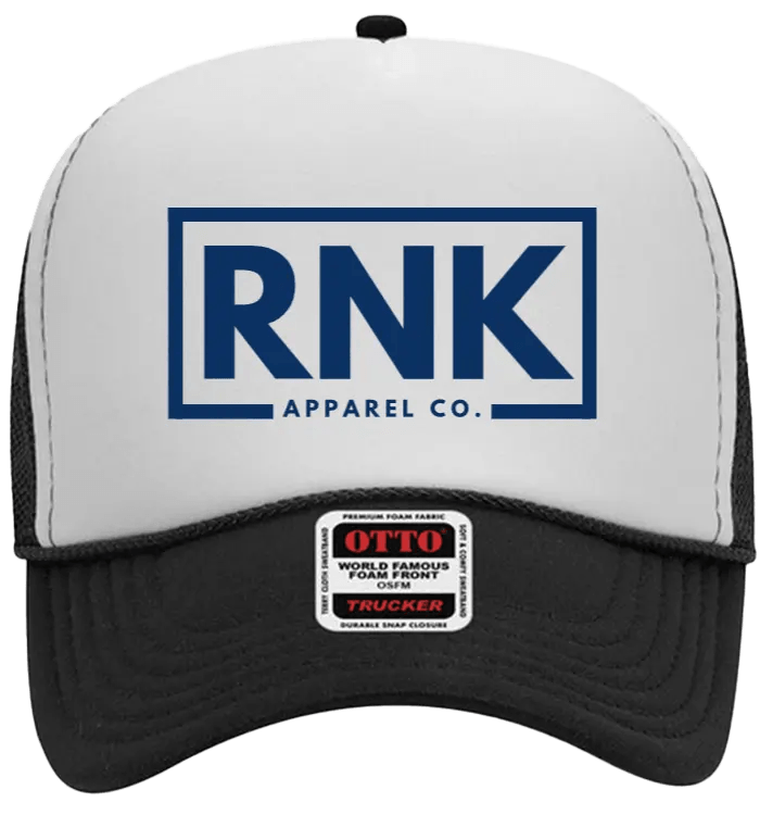 Navy hockey trucker hat with a logo patch on front, adjustable mesh back, and curved brim, by RNK Apparel Co.