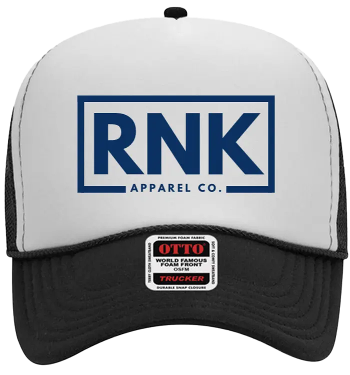 Navy hockey trucker hat with a logo patch on front, adjustable mesh back, and curved brim, by RNK Apparel Co.