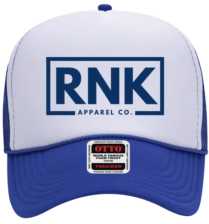 Navy hockey trucker hat with white logo embroidery, adjustable mesh back, and curved brim by RNK Apparel Co.