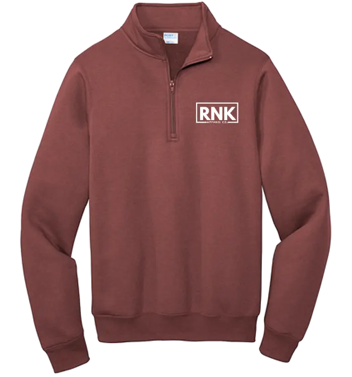 RNK Apparel Co. unisex white fleece pullover with 1/4 zip and logo detail, casual and cozy sweatshirt for everyday wear.