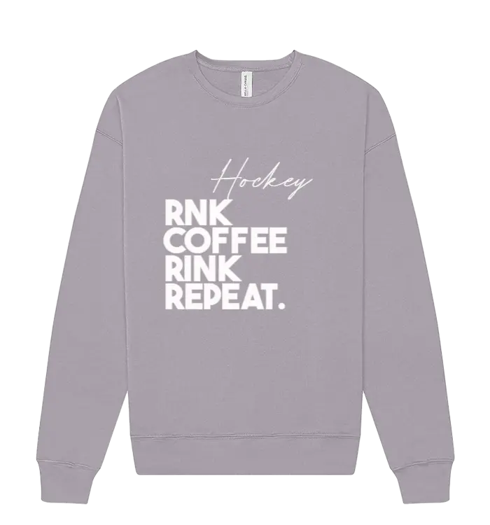 Unisex RNK Apparel Co. fleece crewneck sweatshirt with coffee Rink Repeat graphic and casual style, shown in a cozy fit.