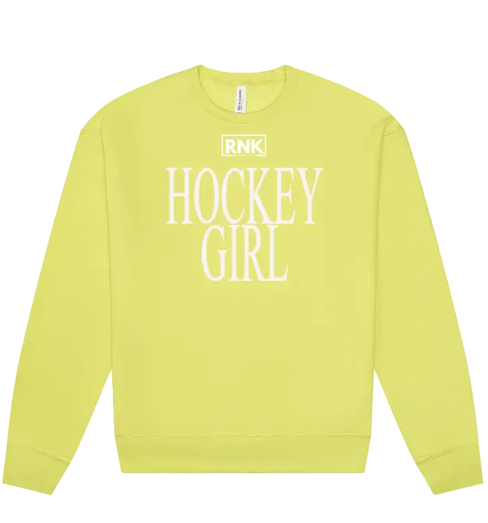 RNK Unisex fleece crewneck sweatshirt with hockey girl graphic, cozy and stylish for casual wear.