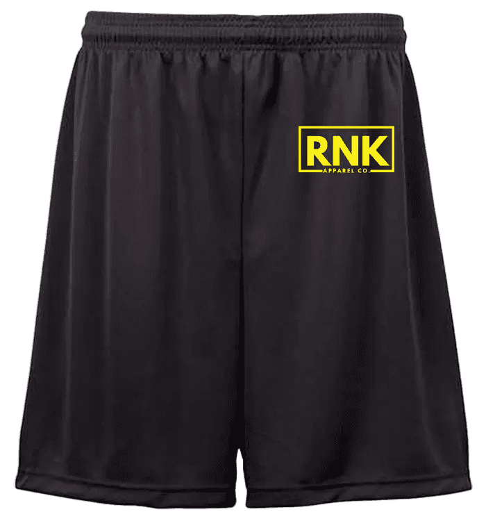 RNK Apparel Co. unisex performance shorts with moisture-management fabric, athletic fit, and elastic waistband for active wear.