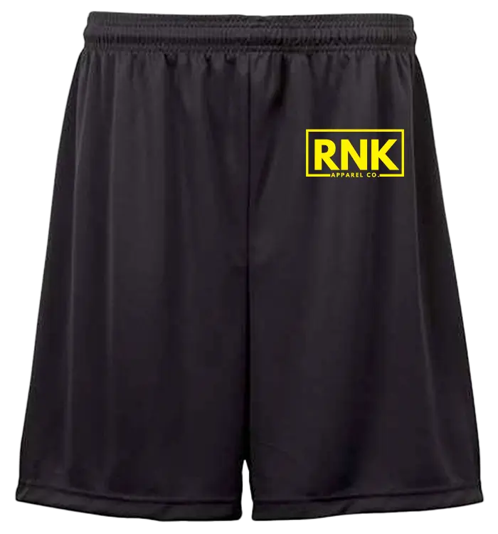 RNK Apparel Co. unisex performance shorts with moisture-management fabric, athletic fit, and elastic waistband for active wear.