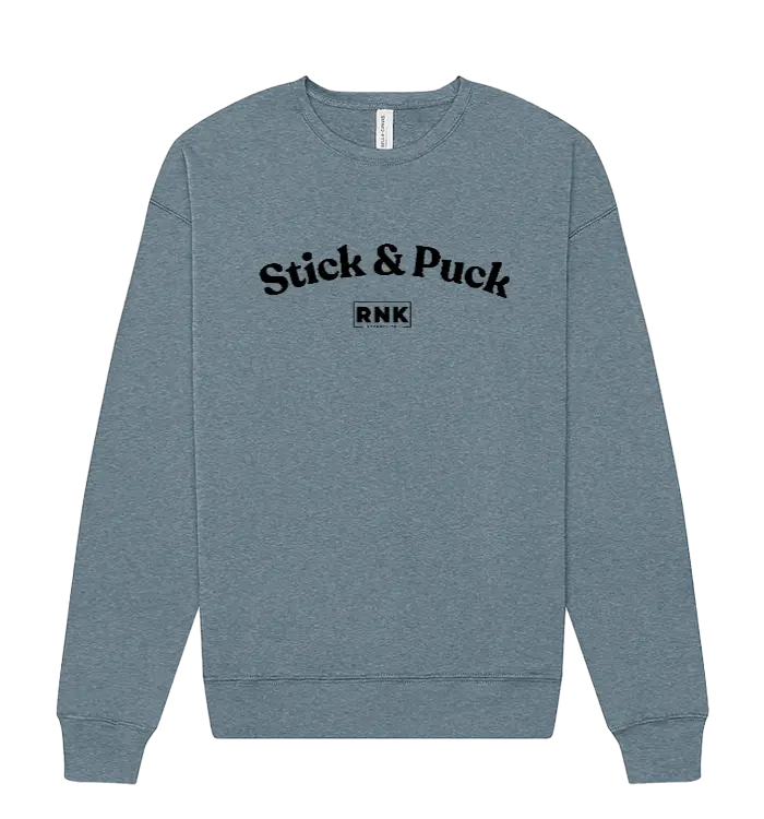 Unisex RNK fleece crewneck sweatshirt with Stick & Puck hockey graphic in navy and white, casual and comfortable hoodie for fans.