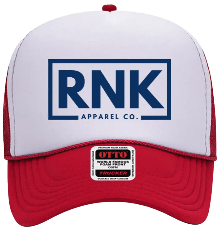 Navy hockey trucker hat with logo patch from RNK Apparel Co, featuring mesh back and adjustable snap closure.