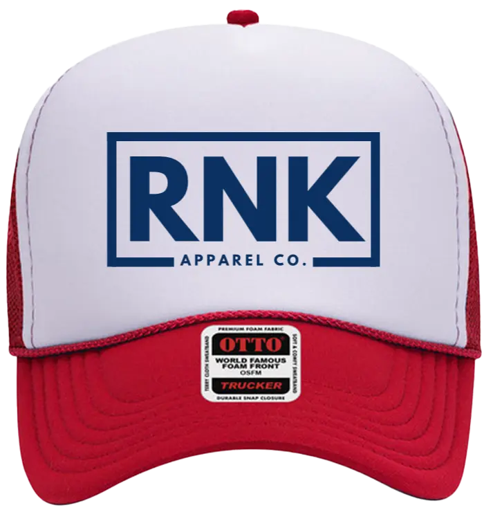 Navy hockey trucker hat with logo patch from RNK Apparel Co, featuring mesh back and adjustable snap closure.