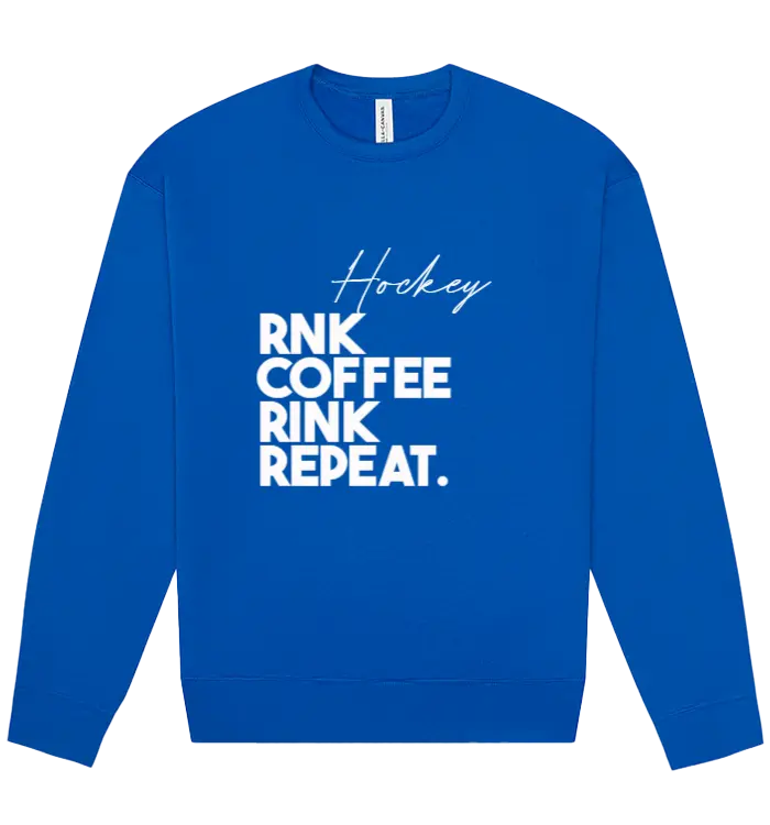 Unisex RNK Apparel Co. fleece crewneck sweatshirt with coffee rink repeat graphic, showing the front design and cozy fabric.