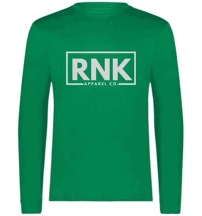 Unisex navy blue performance long sleeve T-shirt by RNK Apparel Co. made of 100% polyester, designed for active wear.