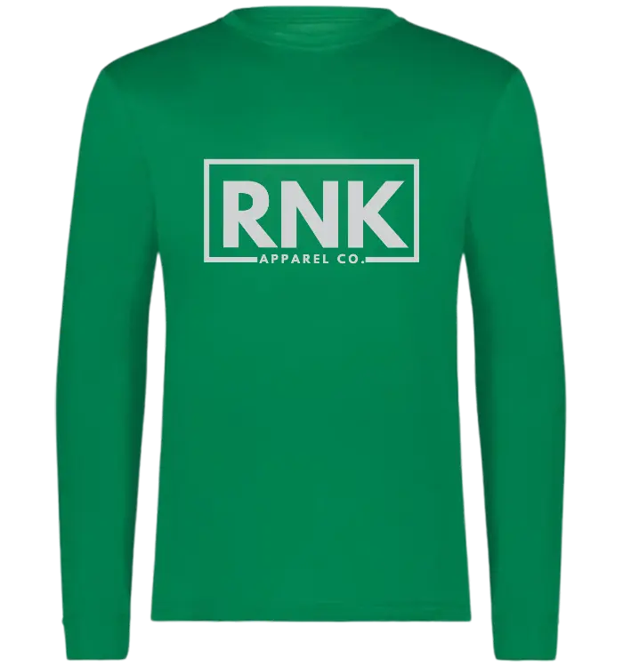 Unisex navy blue performance long sleeve T-shirt by RNK Apparel Co. made of 100% polyester, designed for active wear.