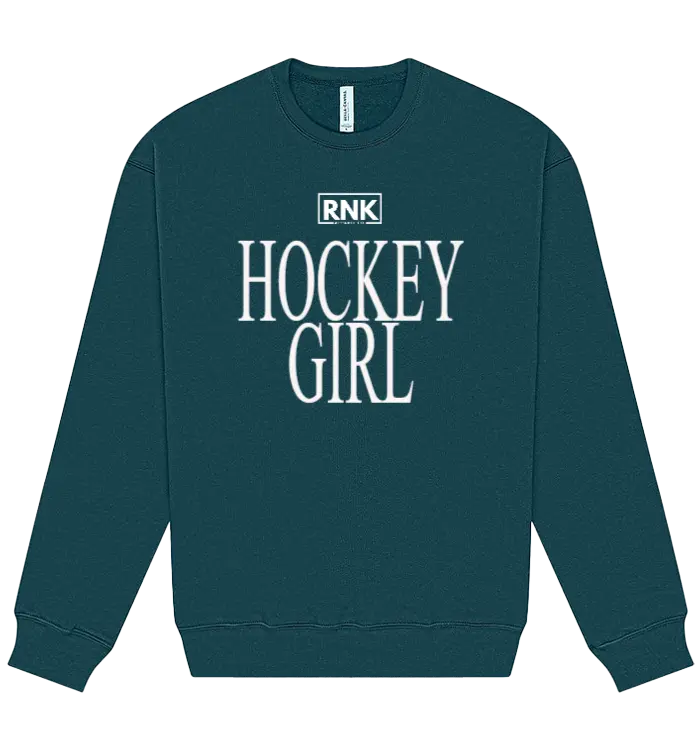 RNK Apparel Co. unisex fleece crewneck sweatshirt with hockey girl graphic, featuring a cozy fleece fabric and casual fit.