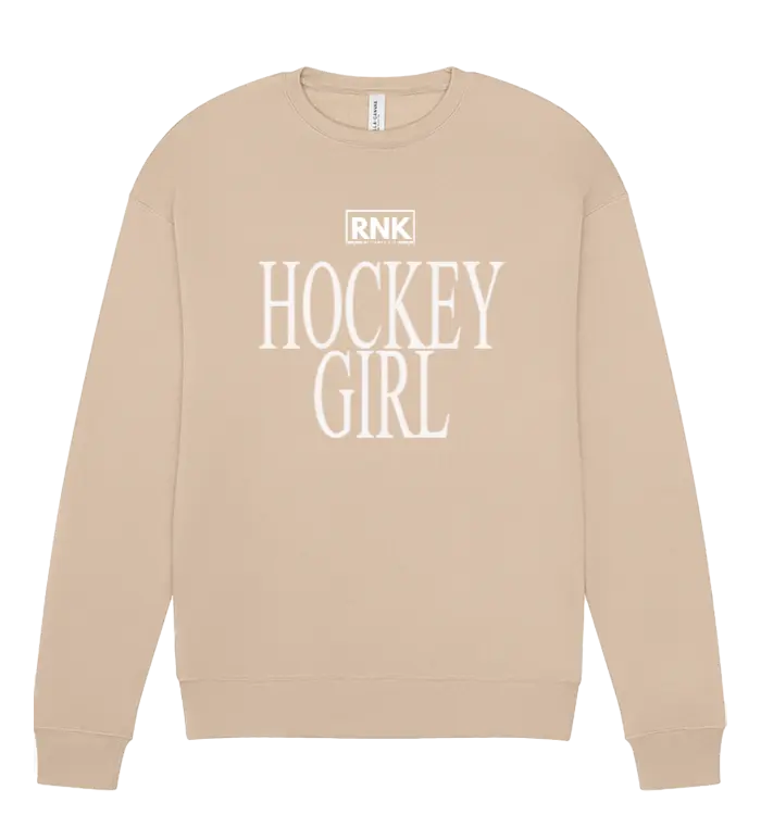 RNK Apparel Co. unisex fleece crewneck sweatshirt with hockey girl graphic, soft fabric, and casual fit.