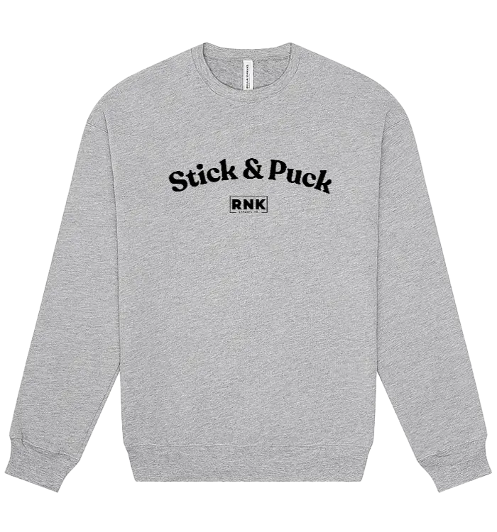 Unisex RNK Apparel Co. fleece crewneck sweatshirt with Stick & Puck hockey graphic, soft fabric, and casual fit.