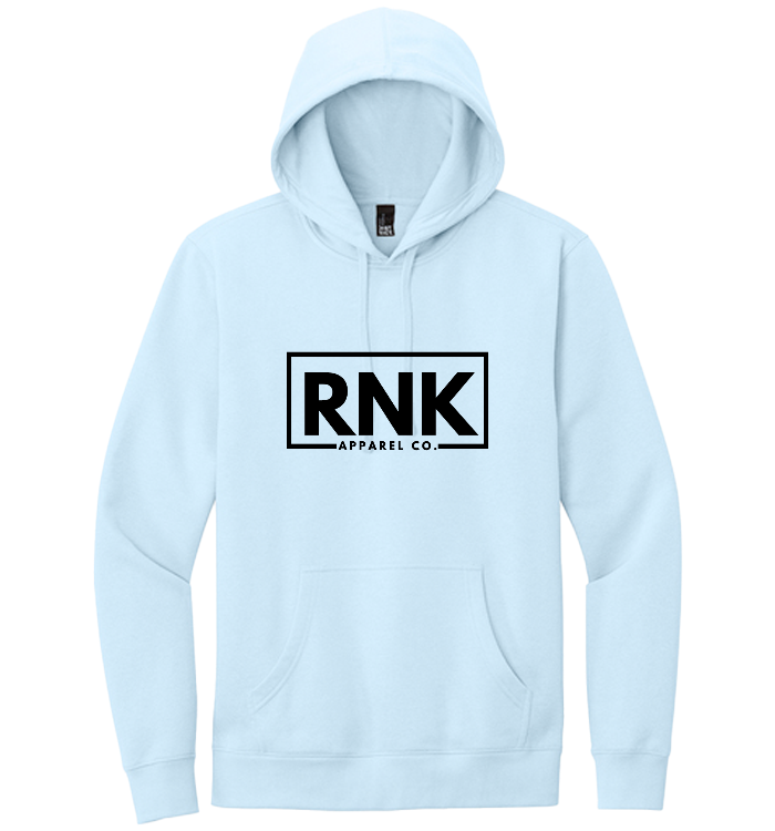 Unisex RNK Apparel Co. fleece hoodie in soft, warm fabric with a front pocket and adjustable drawstrings, perfect for casual wear.