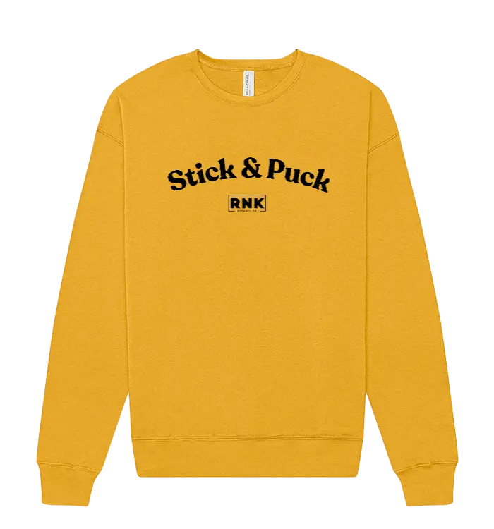 Unisex RNK Apparel Co. fleece crewneck sweatshirt with Stick & Puck hockey graphic in gray and black.