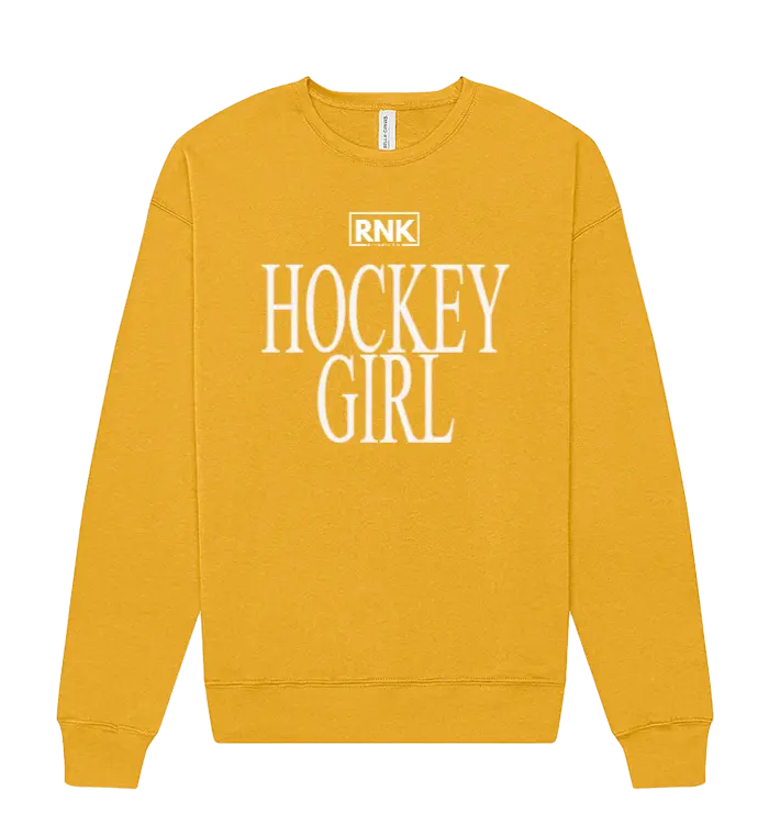 RNK Apparel Co. unisex fleece crewneck sweatshirt featuring a hockey girl graphic, soft fabric and casual fit.