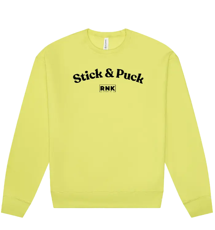 RNK Unisex fleece crewneck sweatshirt with Stick & Puck graphic, featuring comfortable fabric and casual hockey-inspired design.