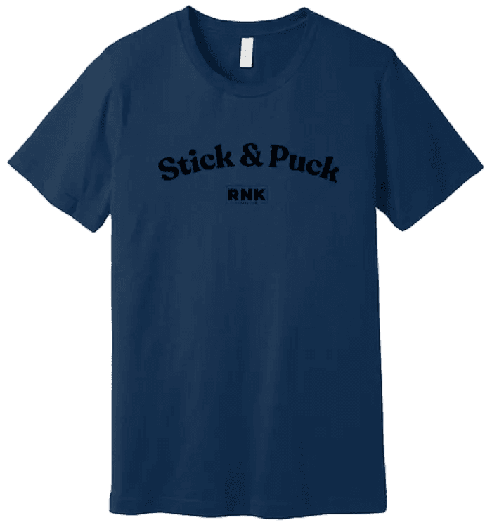 Youth RNK Apparel Co. hockey T-shirt with graphic design, 100% cotton, featuring a stick and puck hockey theme for kids.