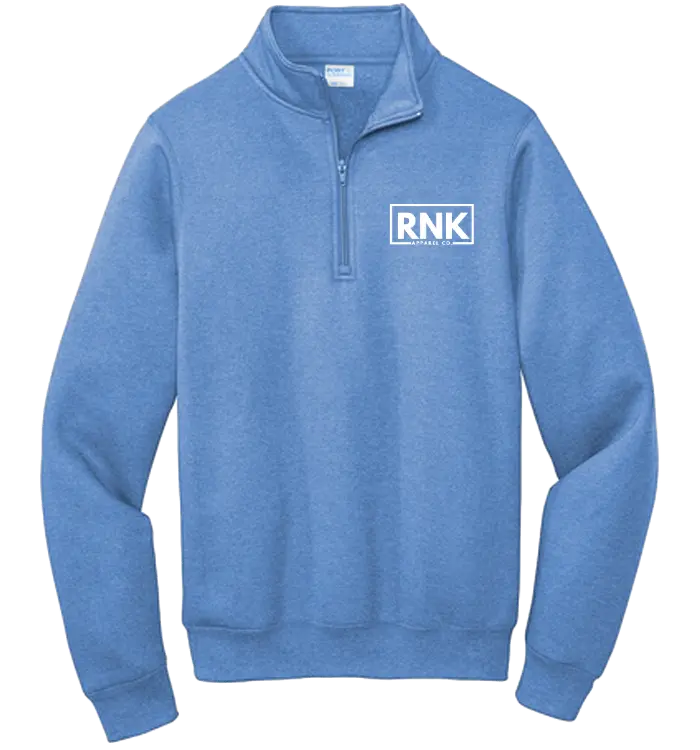 White RNK Apparel Co. unisex 1/4 zip fleece pullover with logo, featuring a cozy fleece fabric and a standing collar.
