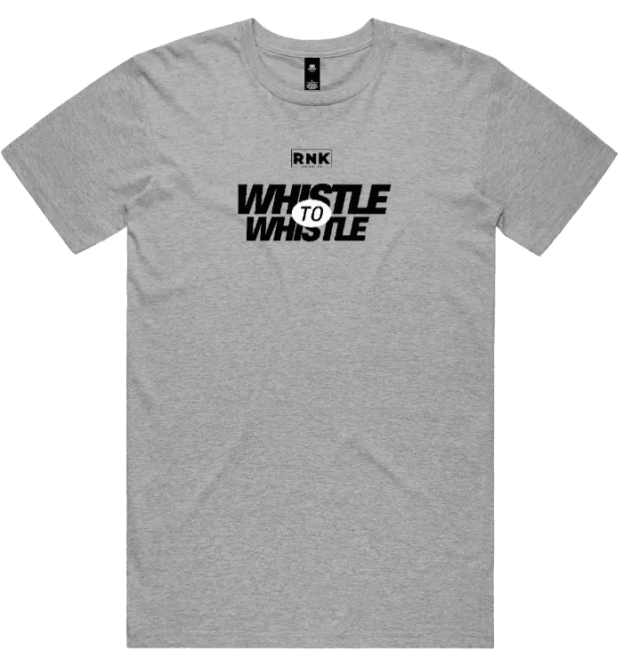 Unisex RNK “Whistle to Whistle” cotton T-shirt in white with graphic print, casual fit, and short sleeves.