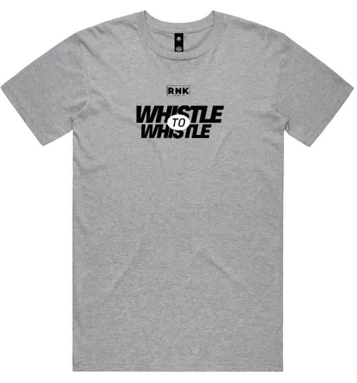 Unisex RNK “Whistle to Whistle” cotton T-shirt in white with graphic print, casual fit, and short sleeves.