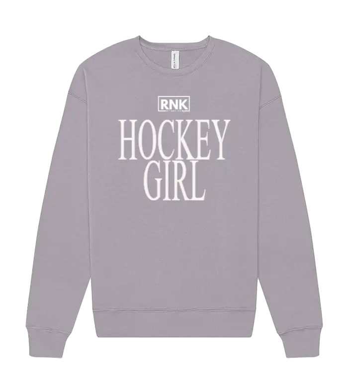 Unisex RNK Apparel Co. fleece crewneck sweatshirt with a hockey girl graphic design, soft fabric and comfortable fit.