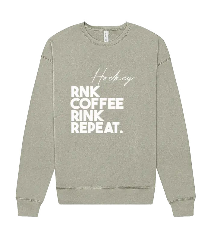 Unisex navy fleece crewneck sweatshirt from RNK Apparel Co. with coffee Rink Repeat graphic design.