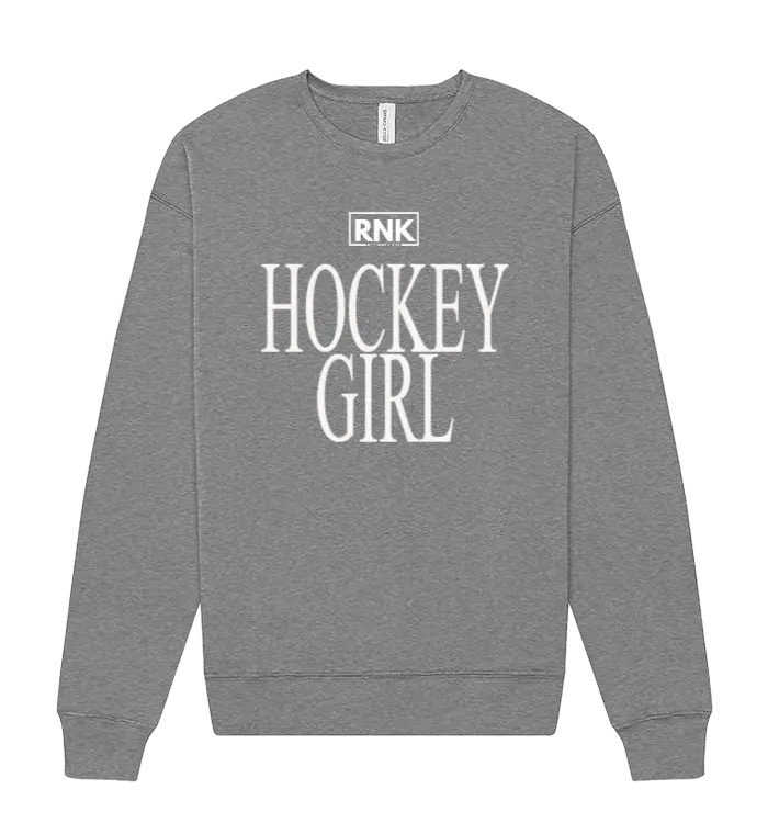 RNK Unisex fleece crewneck sweatshirt featuring a hockey girl graphic in vibrant colors, soft and comfortable fabric.
