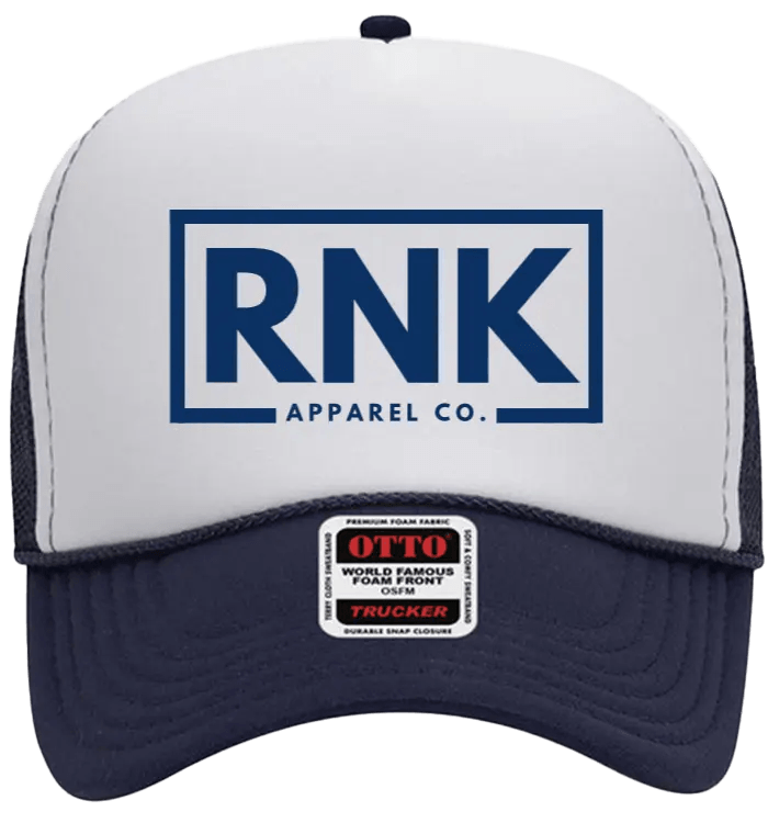 Navy hockey trucker hat with a logo patch on the front, featuring mesh back and adjustable snap closure by RNK Apparel Co