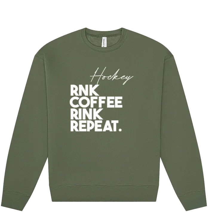 Unisex RNK Apparel Co. fleece crewneck sweatshirt with coffee-colored fabric and Rink Repeat graphic design.