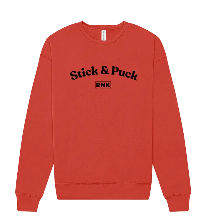 Unisex RNK fleece crewneck sweatshirt with Stick & Puck hockey graphic in navy and white, casual comfortable apparel.