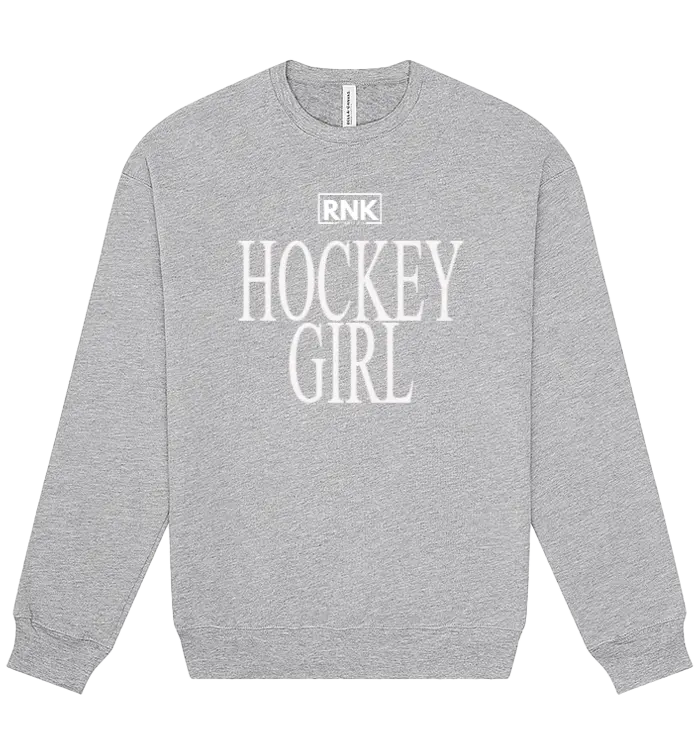 Unisex RNK Apparel Co. fleece crewneck sweatshirt featuring a hockey girl graphic in a casual, cozy fit.