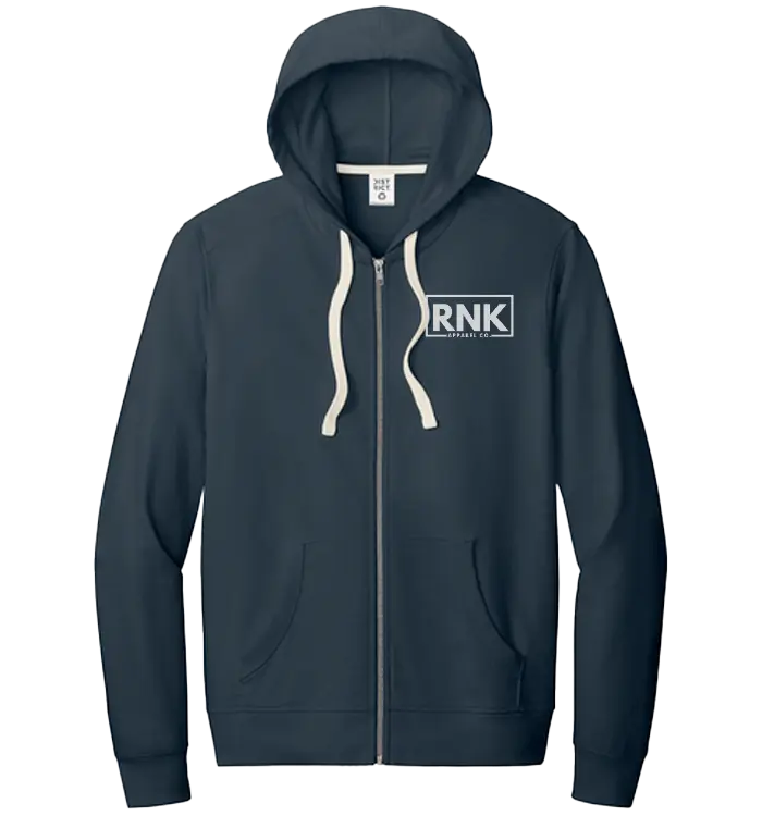 RNK Adult unisex zip hoodie in white with RNK Apparel Co. logo, featuring a front zipper and casual fit.