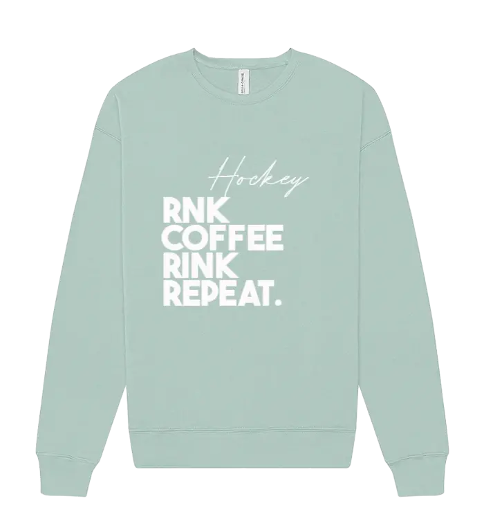RNK Apparel Co. unisex coffee-colored fleece crewneck sweatshirt with a Rink Repeat graphic design.