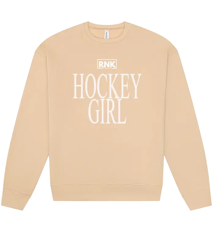 RNK Apparel Co. unisex fleece crewneck sweatshirt with a hockey girl graphic, soft fabric, and casual fit.