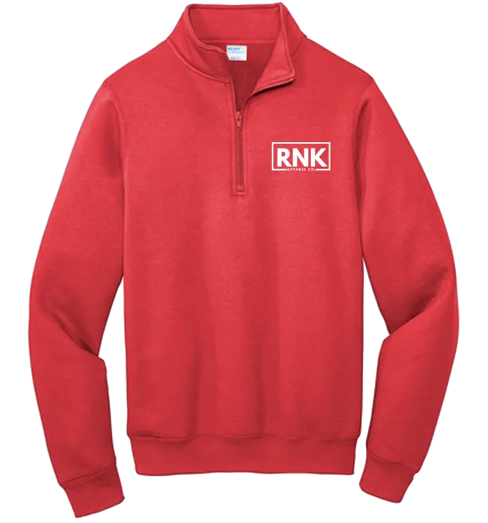 White RNK Apparel Co. unisex 1/4 zip fleece sweater with logo, showcasing a cozy, stylish pullover design.
