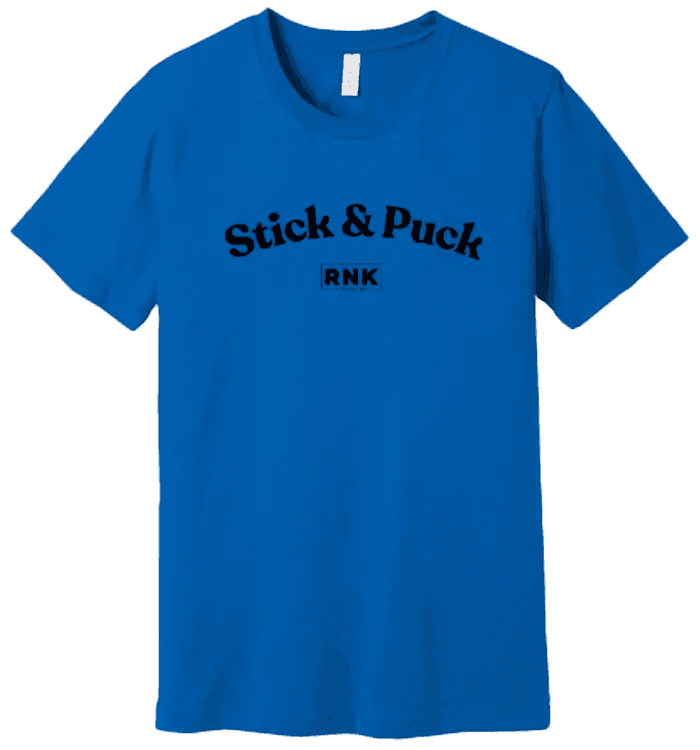 Youth RNK Apparel Co. hockey T-shirt with stick and puck graphic, made of 100% cotton, featuring a comfortable fit and sporty style.