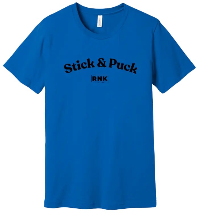 Youth RNK Apparel Co. hockey T-shirt with stick and puck graphic, made of 100% cotton, featuring a comfortable fit and sporty style.