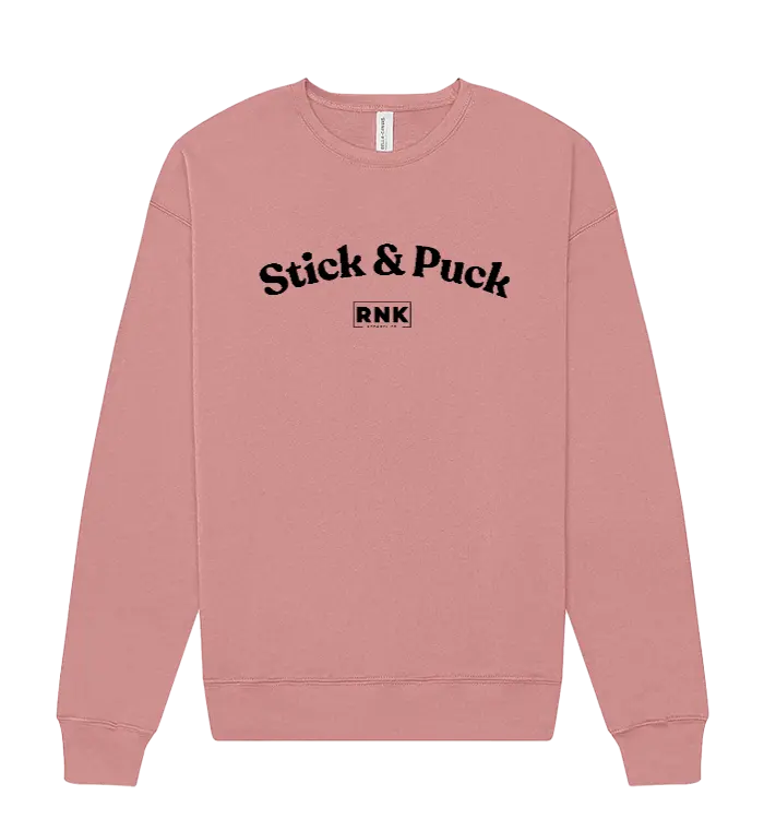 RNK Unisex fleece crewneck sweatshirt with Stick & Puck graphic, featuring a cozy, casual fit and sports-inspired design.