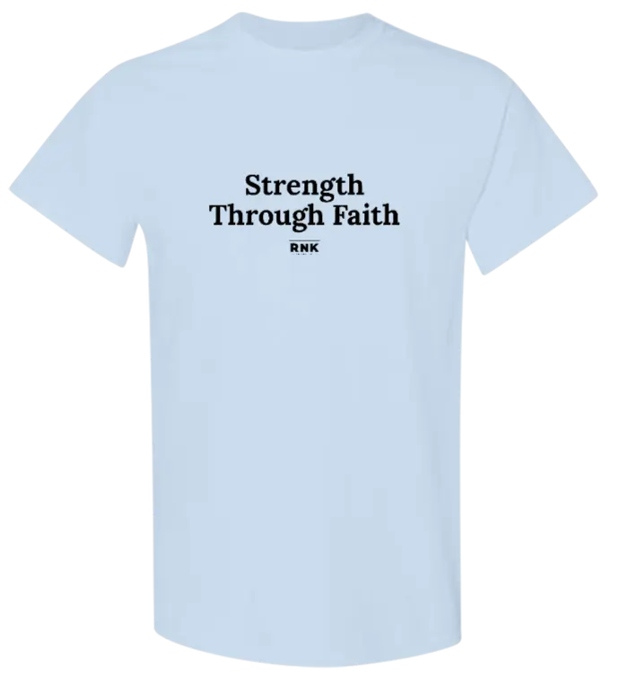 Youth Strength Through Faith hockey T-shirt by RNK Apparel Co., 100% cotton graphic tee featuring faith and sports design.