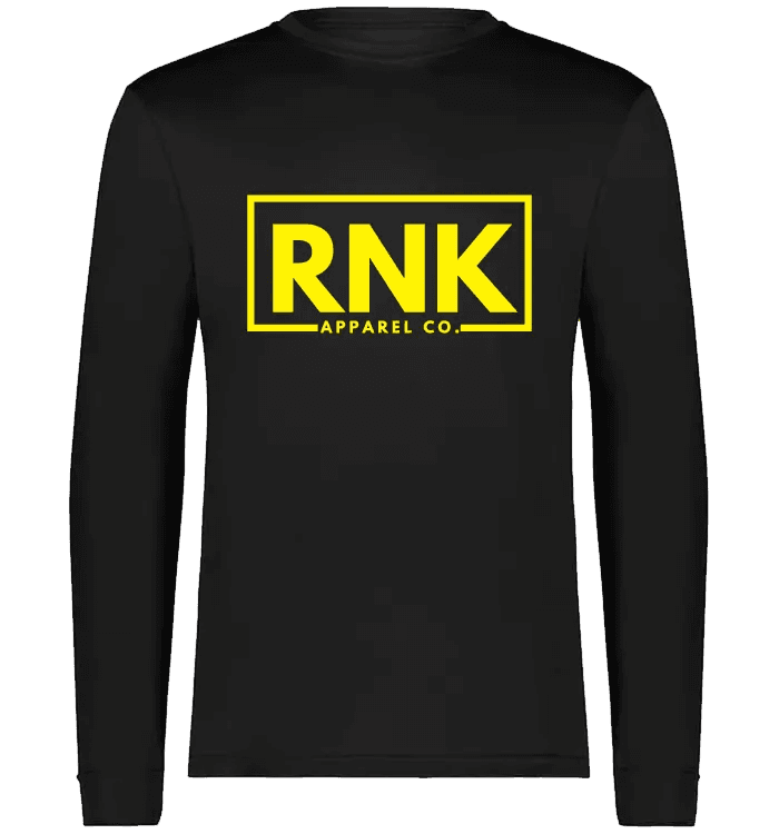 RNK Adult Performance Long Sleeve T-Shirt, lightweight hockey training shirt in black with RNK Apparel Co. branding.