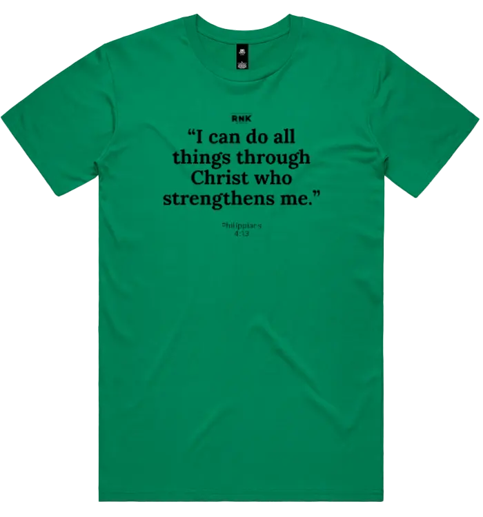 Unisex RNK Apparel Co. cotton T-shirt with motivational "I Can Do All Things" graphic on the front.