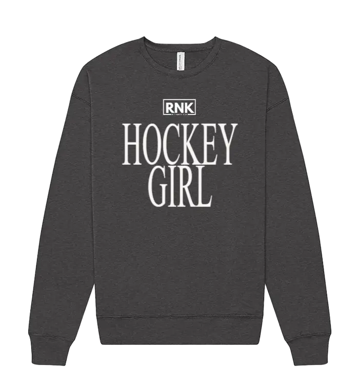 Unisex RNK Apparel Co. fleece crewneck sweatshirt with hockey girl graphic, soft fabric, and casual fit.