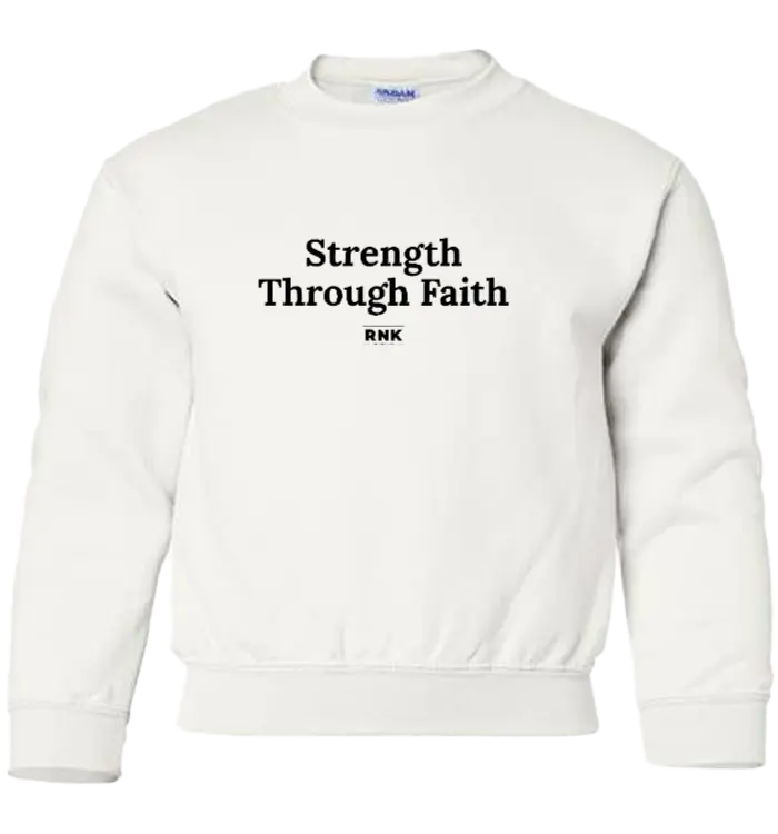 RNK Youth Crewneck Sweatshirt with "Strength Through Faith" graphic in navy, featuring ribbed cuffs and a relaxed fit.