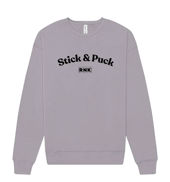 RNK Unisex fleece crewneck sweatshirt with Stick & Puck graphic in soft fabric, featuring a comfortable fit and bold sports-themed design.