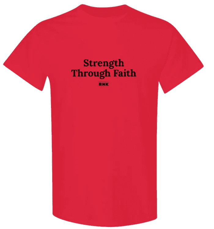 Red youth faith hockey T-shirt with black text