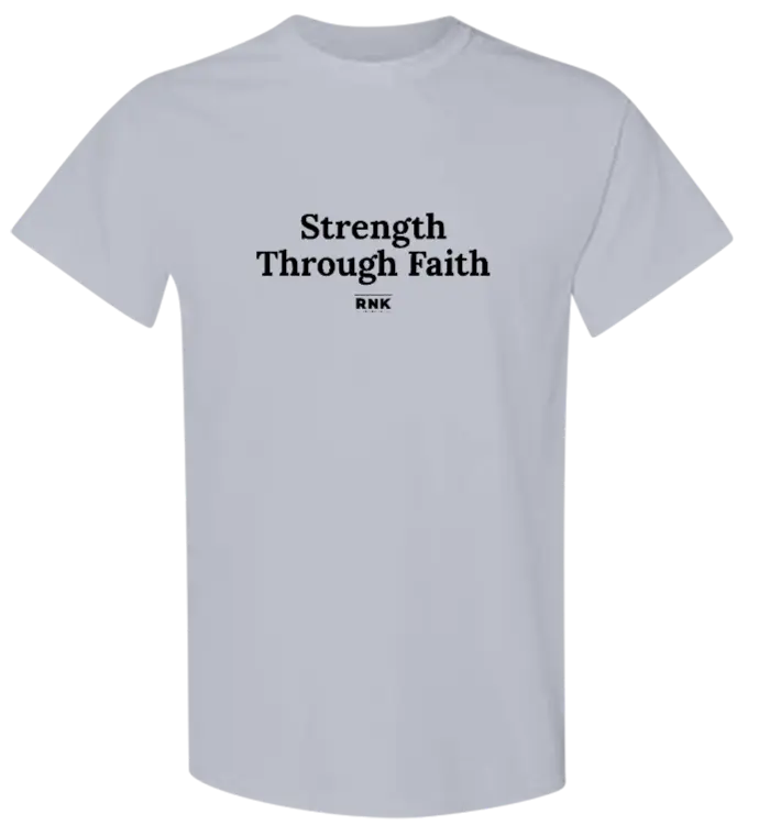 Youth Strength Through Faith hockey T-shirt by RNK Apparel Co., featuring a graphic design on a white cotton tee.